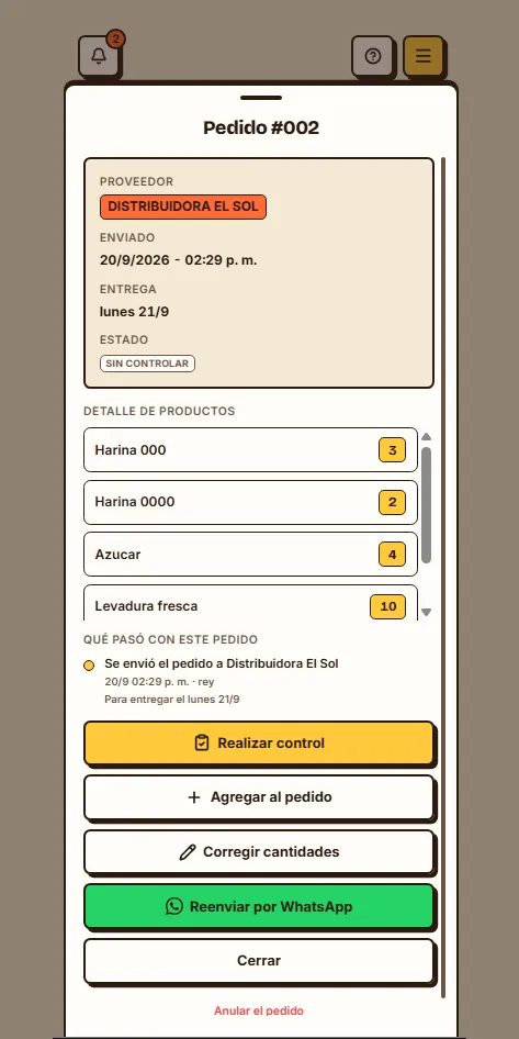 Detalle de un pedido en KEKO, con su estado y el botón para controlar lo que llegó.
