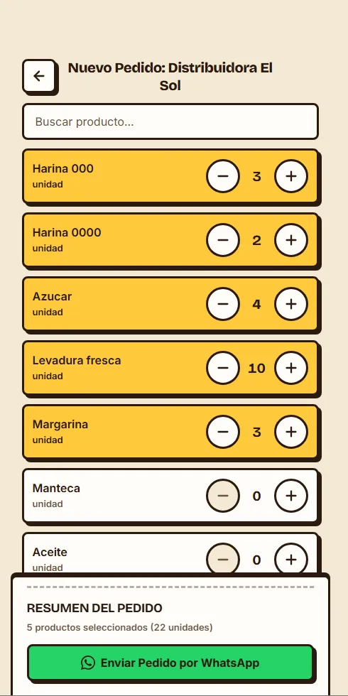 Pantalla de nuevo pedido en KEKO: la lista de productos del proveedor, con botones de más y menos para fijar cada cantidad.
